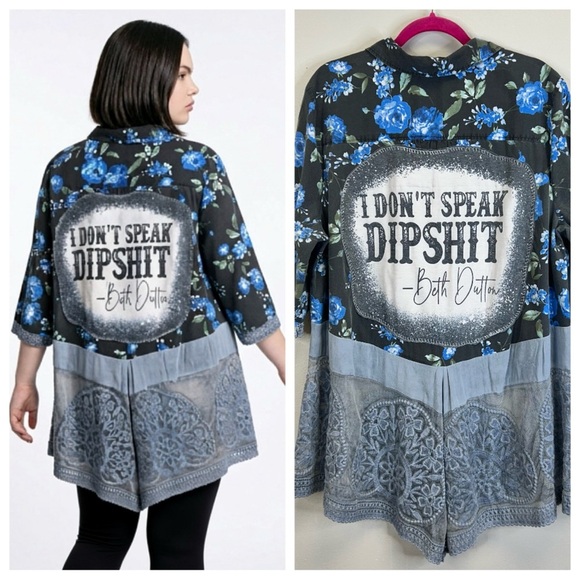 Roaman's Tops - Floral Plus Size Upcycled Beth Dutton Tunic Blue Lace Plus Size 22W Western Boho